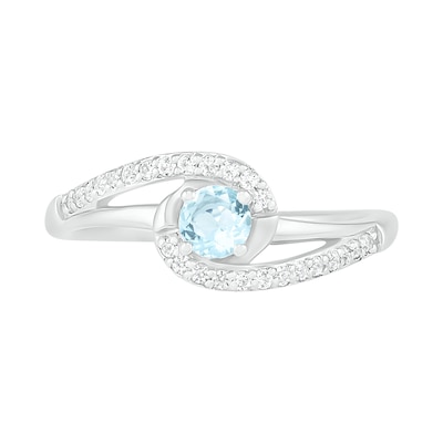 4.0mm Aquamarine and Lab-Created White Sapphire Bypass Swirl Frame Split Shank Ring in Sterling Silver