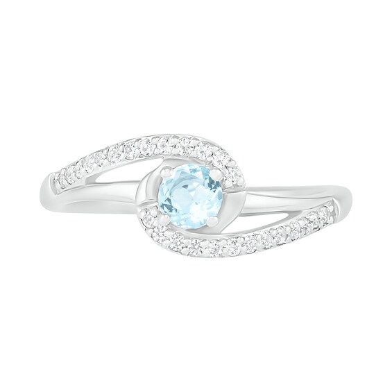 4.0mm Aquamarine and Lab-Created White Sapphire Bypass Swirl Frame Split Shank Ring in Sterling Silver