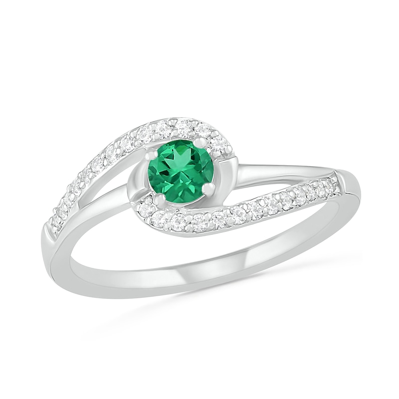4.0mm Lab-Created Emerald and White Sapphire Bypass Swirl Frame Split Shank Ring in Sterling Silver|Peoples Jewellers