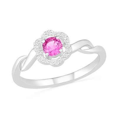 4.0mm Lab-Created Pink and White Sapphire Frame Twist Shank Flower Ring in Sterling Silver