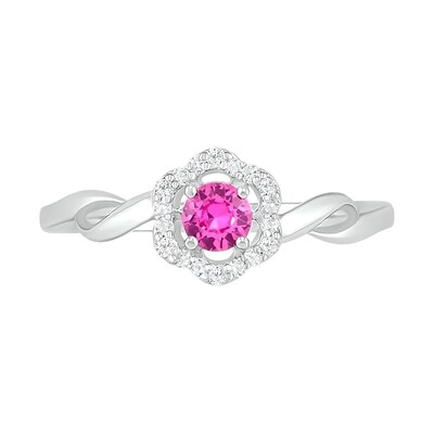 4.0mm Lab-Created Pink and White Sapphire Frame Twist Shank Flower Ring in Sterling Silver