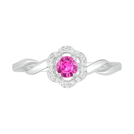 4.0mm Lab-Created Pink and White Sapphire Frame Twist Shank Flower Ring in Sterling Silver