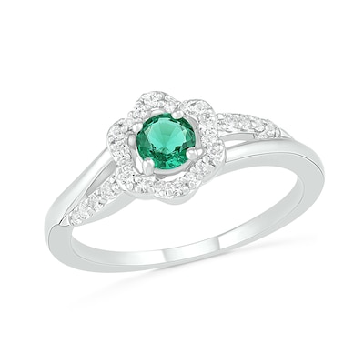 4.0mm Lab-Created Emerald and White Sapphire Frame Bypass Split Shank Flower Ring in Sterling Silver