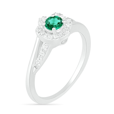 4.0mm Lab-Created Emerald and White Sapphire Frame Bypass Split Shank Flower Ring in Sterling Silver