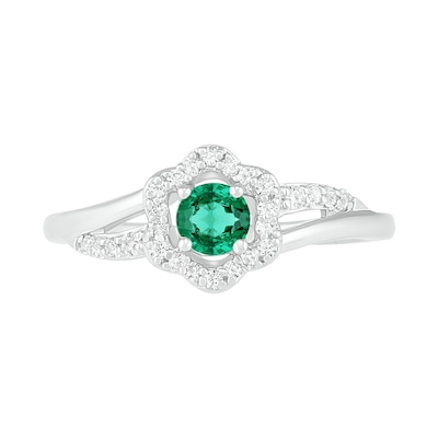 4.0mm Lab-Created Emerald and White Sapphire Frame Bypass Split Shank Flower Ring in Sterling Silver