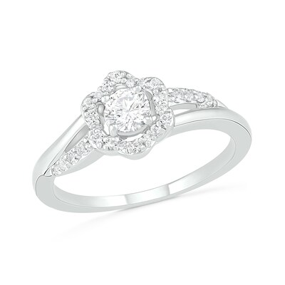 4.0mm Lab-Created White Sapphire Frame Bypass Split Shank Flower Ring in Sterling Silver