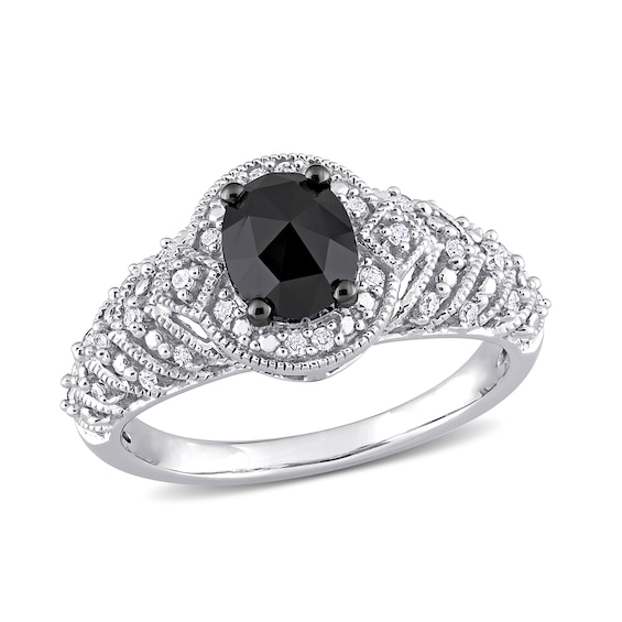 0.95 CT. T.W. Enhanced Black and White Diamond Tiered Shank Vintage-Style Engagement Ring in 10K White Gold