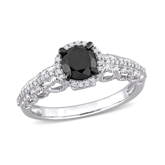 1.14 CT. T.W. Enhanced Black and White Diamond Frame Vintage-Style Engagement Ring in 10K White Gold