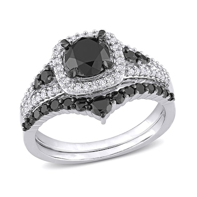 1.46 CT. T.W. Black and White Diamond Cushion Frame Bridal Set in 10K White Gold