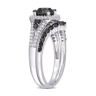 1.46 CT. T.W. Black and White Diamond Cushion Frame Bridal Set in 10K White Gold