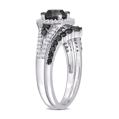 1.46 CT. T.W. Black and White Diamond Cushion Frame Bridal Set in 10K White Gold