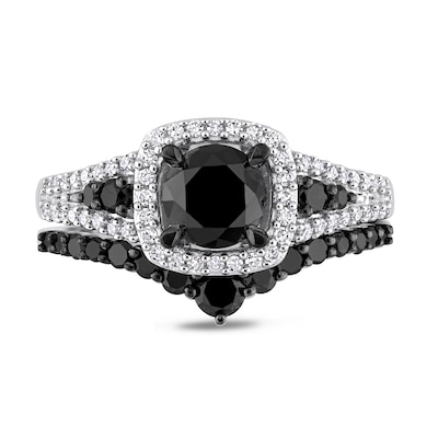 1.46 CT. T.W. Black and White Diamond Cushion Frame Bridal Set in 10K White Gold