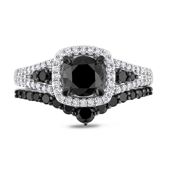 1.46 CT. T.W. Black and White Diamond Cushion Frame Bridal Set in 10K White Gold