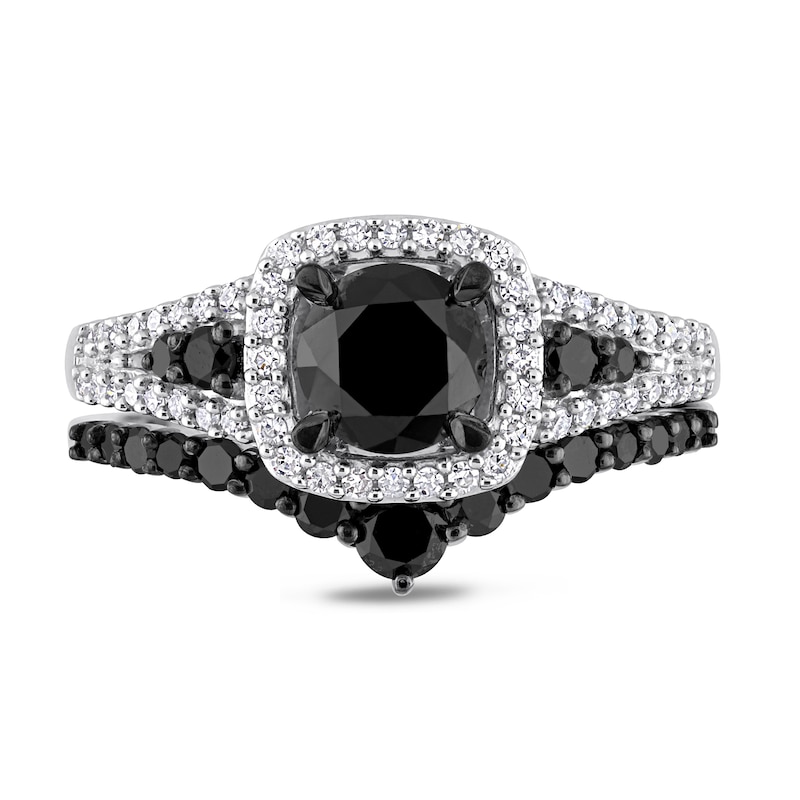 1.46 CT. T.W. Black and White Diamond Cushion Frame Bridal Set in 10K White Gold|Peoples Jewellers