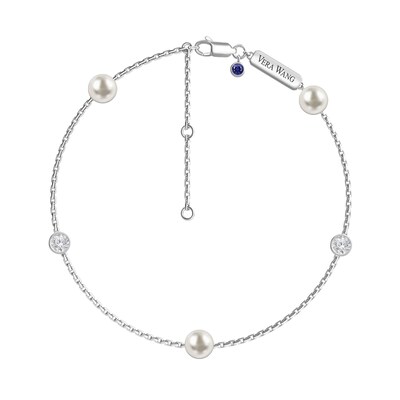 Vera Wang Love Collection 6.0mm Freshwater Cultured Pearl and White Topaz Station Bracelet in Sterling Silver-7.5"