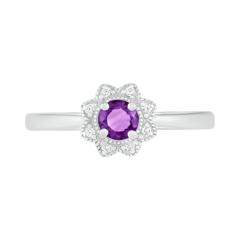 4.0mm Amethyst and 0.04 CT. T.W. Diamond Vintage-Style Flower Ring in Sterling Silver|Peoples Jewellers