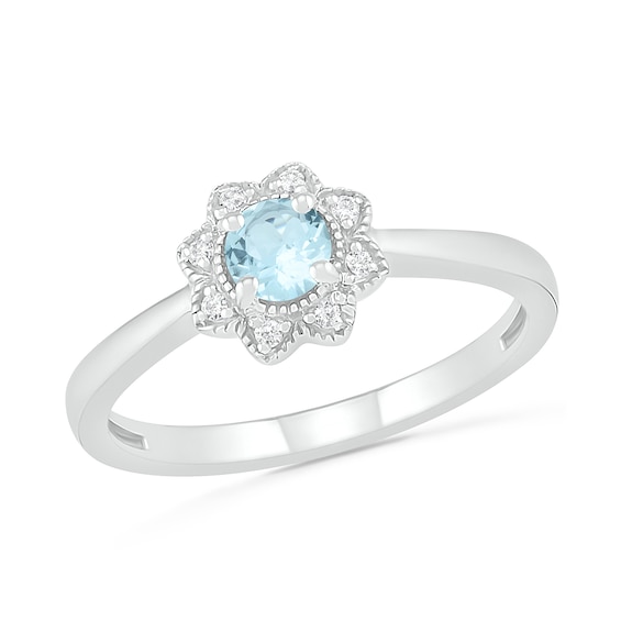 4.0mm Aquamarine and 0.04 CT. T.W. Diamond Vintage-Style Flower Ring in Sterling Silver