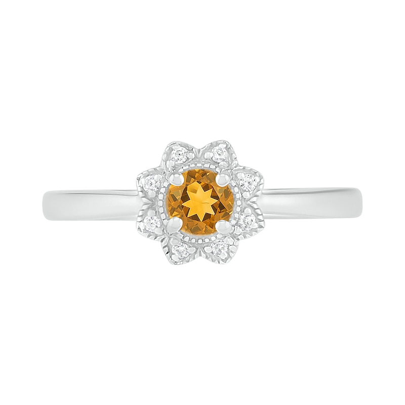 4.0mm Citrine and 0.04 CT. T.W. Diamond Vintage-Style Flower Ring in Sterling Silver