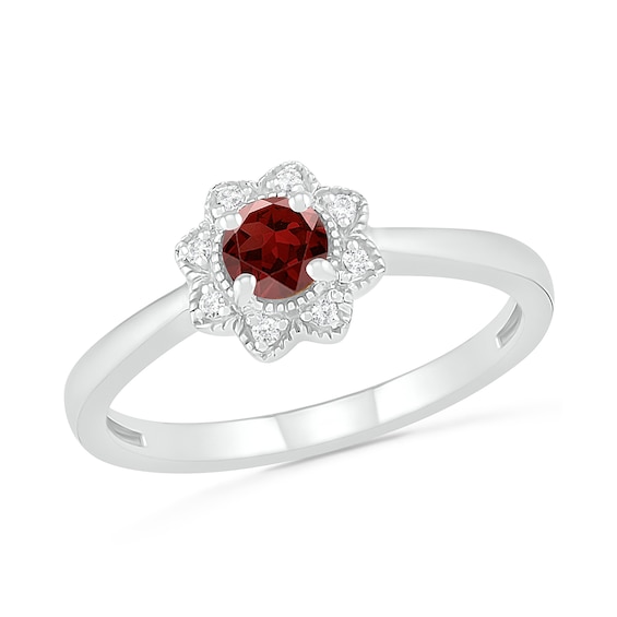 4.0mm Garnet and 0.04 CT. T.W. Diamond Vintage-Style Flower Ring in Sterling Silver