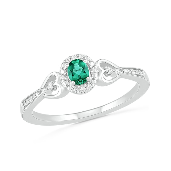 Oval Lab-Created Emerald and 0.04 CT. T.W. Diamond Frame Tapered Heart Shank Ring in Sterling Silver