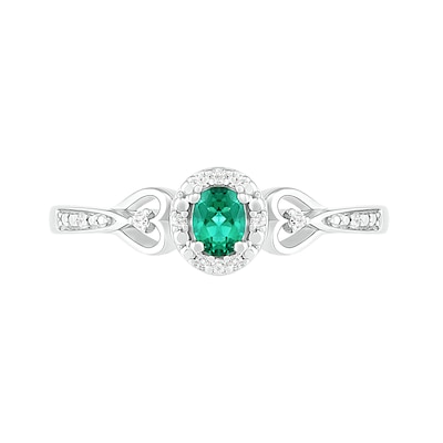 Oval Lab-Created Emerald and 0.04 CT. T.W. Diamond Frame Tapered Heart Shank Ring in Sterling Silver