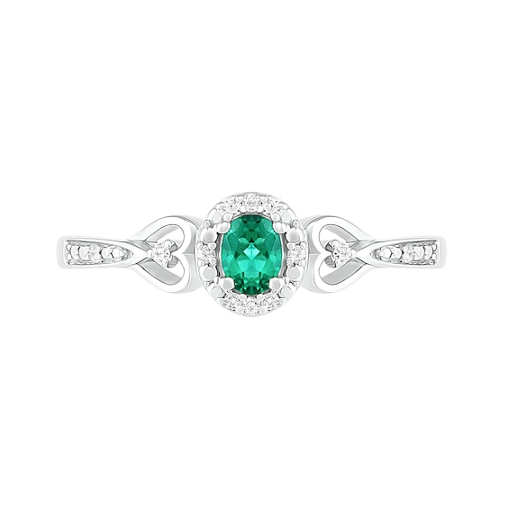 Oval Lab-Created Emerald and 0.04 CT. T.W. Diamond Frame Tapered Heart Shank Ring in Sterling Silver