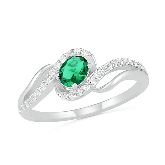 Oval Lab-Created Emerald and White Sapphire Bypass Frame Rolling Wave Ring in Sterling Silver