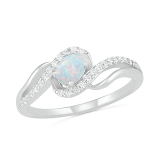 Oval Lab-Created Opal and White Sapphire Bypass Frame Rolling Wave Ring in Sterling Silver