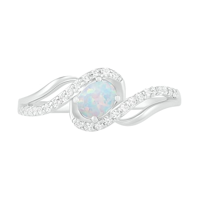 Oval Lab-Created Opal and White Sapphire Bypass Frame Rolling Wave Ring in Sterling Silver