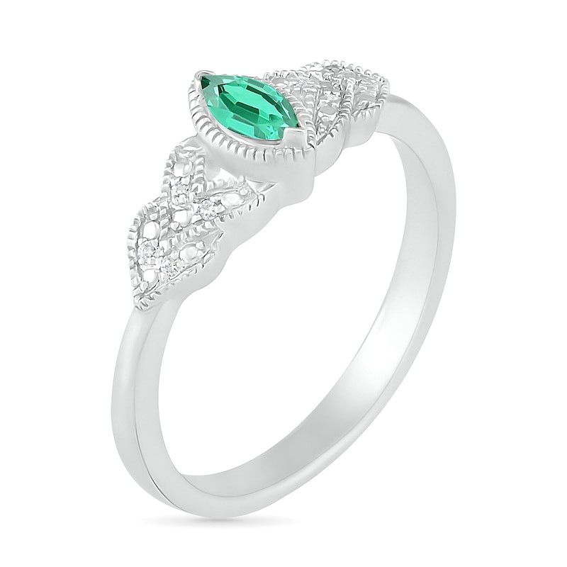 Marquise Lab-Created Emerald and Diamond Accent Layered Leaf-Sides Vintage-Style Ring in Sterling Silver