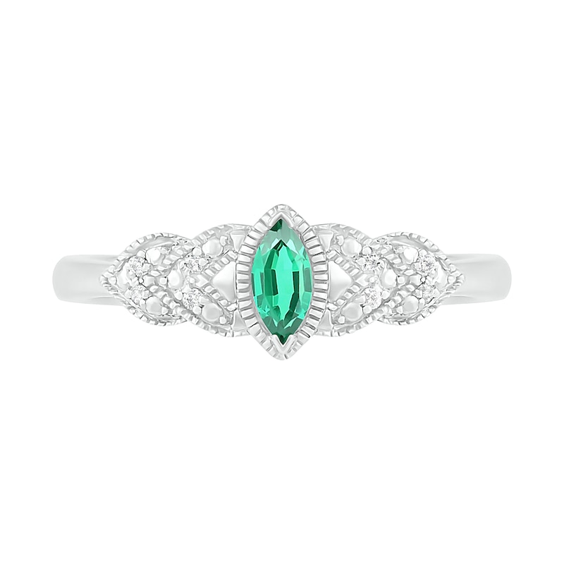 Marquise Lab-Created Emerald and Diamond Accent Layered Leaf-Sides Vintage-Style Ring in Sterling Silver