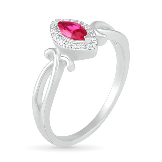 Marquise Lab-Created Ruby and 0.04 CT. T.W. Diamond Frame Crossover Split Shank Ring in Sterling Silver