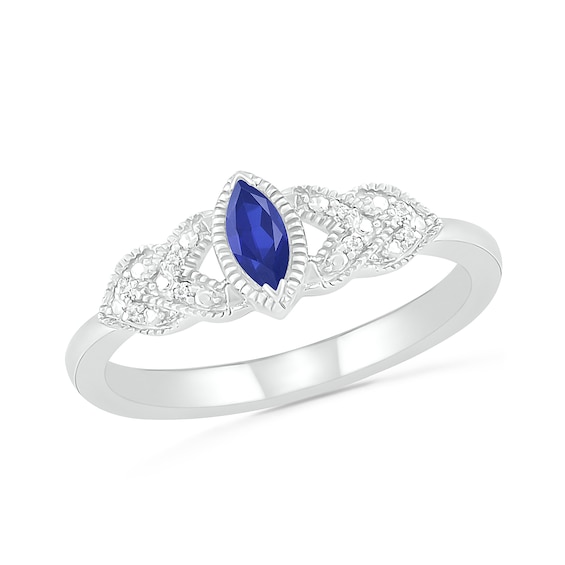 Marquise Lab-Created Sapphire and Diamond Accent Layered Leaf-Sides Vintage-Style Ring in Sterling Silver