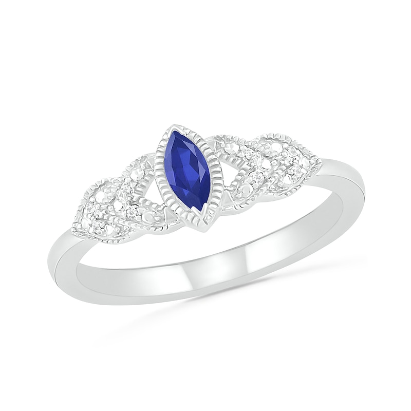 Marquise Lab-Created Sapphire and Diamond Accent Layered Leaf-Sides Vintage-Style Ring in Sterling Silver|Peoples Jewellers