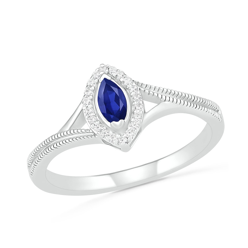 Marquise Lab-Created Blue Sapphire and 0.04 CT. T.W. Diamond Frame Beaded Split Shank Ring in Sterling Silver|Peoples Jewellers