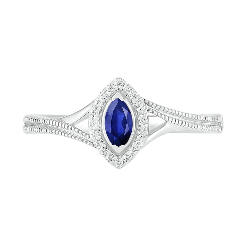 Marquise Lab-Created Blue Sapphire and 0.04 CT. T.W. Diamond Frame Beaded Split Shank Ring in Sterling Silver|Peoples Jewellers