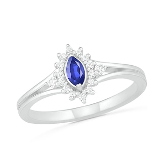 Marquise Lab-Created Blue and White Sapphire Starburst Frame Split Shank Ring in Sterling Silver