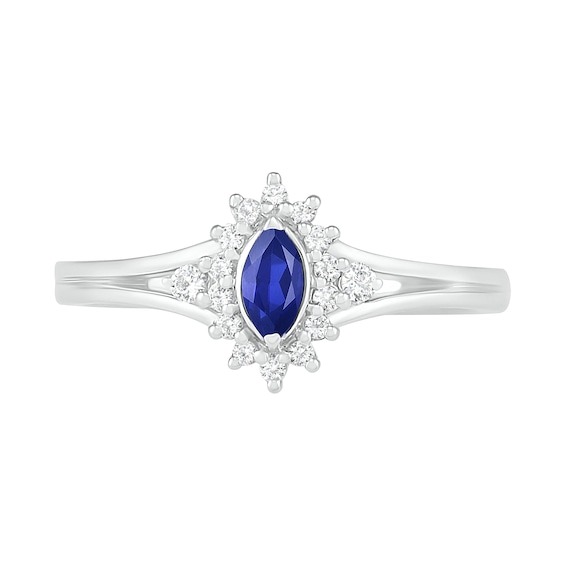 Marquise Lab-Created Blue and White Sapphire Starburst Frame Split Shank Ring in Sterling Silver