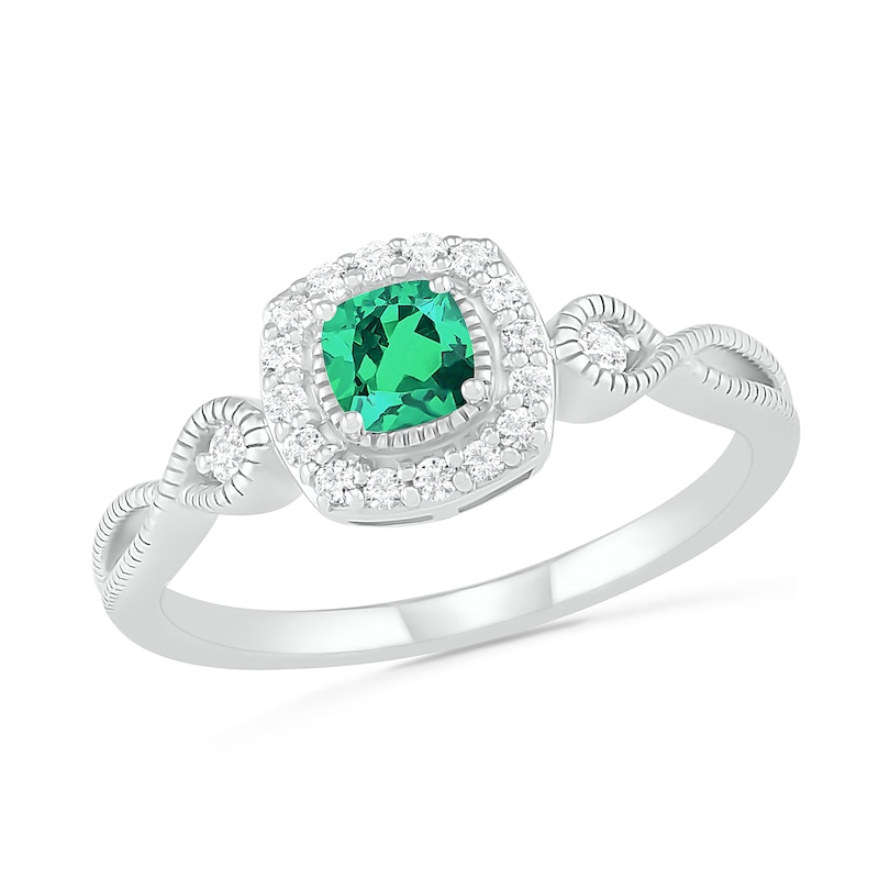 4.0mm Cushion-Cut Lab-Created Emerald and White Sapphire Frame Infinity Shank Vintage-Style Ring in Sterling Silver