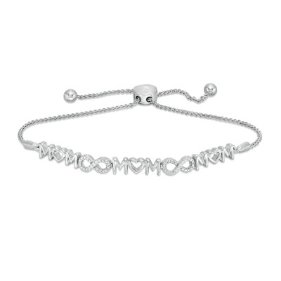 Diamond Accent Alternating "MOM" and Infinity Bolo Bracelet in Sterling Silver - 9.5"