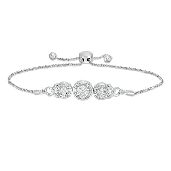 Composite Diamond Accent Disc Trio with Ribbons Bolo Bracelet in Sterling Silver - 9.5"