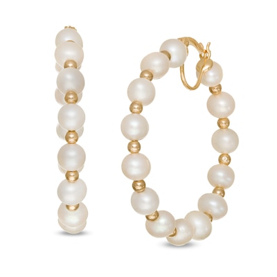 6.0-6.5mm Freshwater Cultured Pearl and Bead Alternating Hoop Earrings in 10K Gold