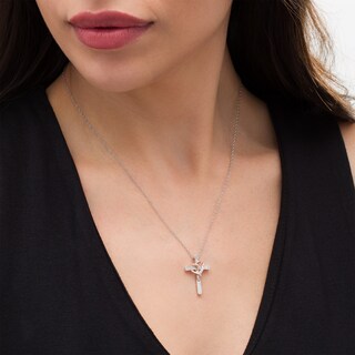 0.07 CT. T.W. Diamond Cross with Ribbon Heart Overlay Pendant in Sterling Silver and 10K Rose Gold