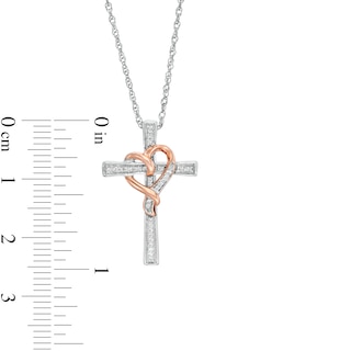 0.07 CT. T.W. Diamond Cross with Ribbon Heart Overlay Pendant in Sterling Silver and 10K Rose Gold