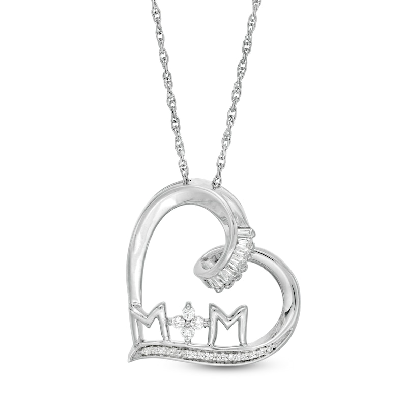 0.15 CT. T.W. Baguette and Round Diamond "MOM" Tilted Heart Pendant in Sterling Silver|Peoples Jewellers