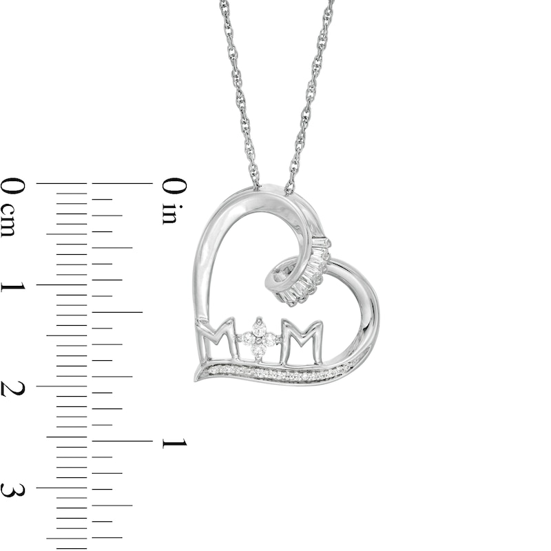 0.15 CT. T.W. Baguette and Round Diamond "MOM" Tilted Heart Pendant in Sterling Silver