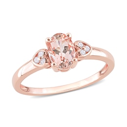 Oval Morganite and 0.05 CT. T.W. Diamond Trio Heart-Sides Ring in Sterling Silver with Rose Rhodium