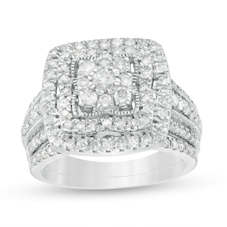 1.29 CT. T.W. Multi-Diamond Cushion Frame Multi-Row Bridal Set in 10K White Gold