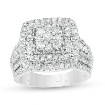 1.29 CT. T.W. Multi-Diamond Cushion Frame Multi-Row Bridal Set in 10K White Gold