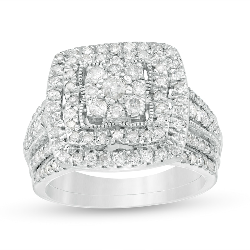 1.29 CT. T.W. Multi-Diamond Cushion Frame Multi-Row Bridal Set in 10K White Gold|Peoples Jewellers